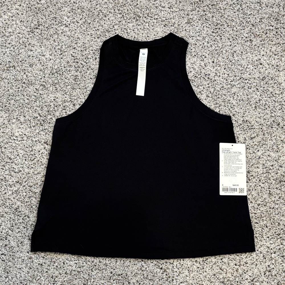 NWT Lululemon ultralight hip length tank top, black, size 8